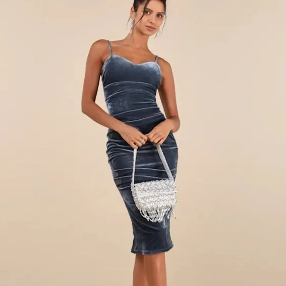 Plush Personality Slate Blue Velvet Ruched Bodycon Midi Dress - Picture 2 of 4